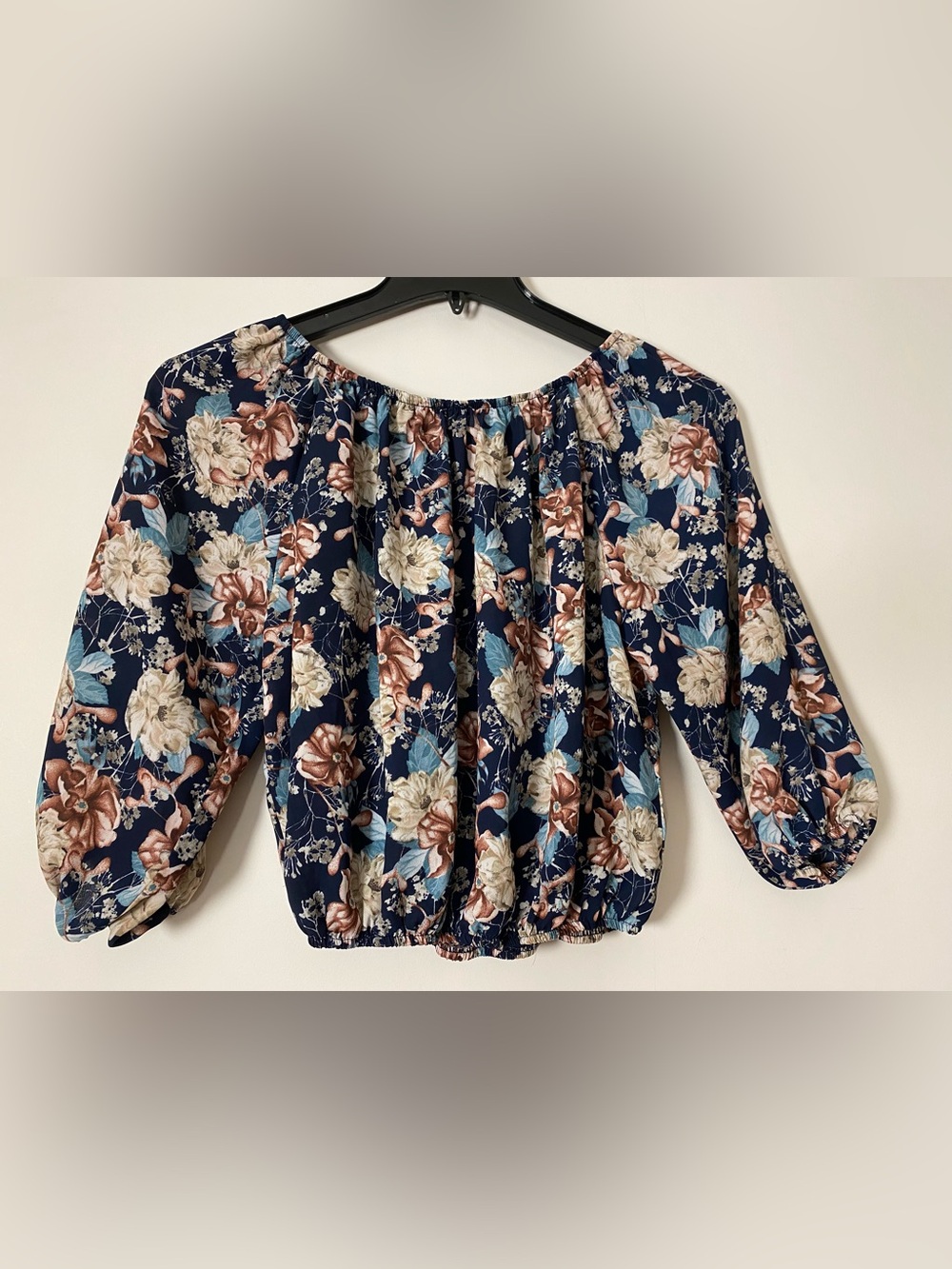 Floral Off-Shoulder Blouse - Navy with Cream & Brown Floral